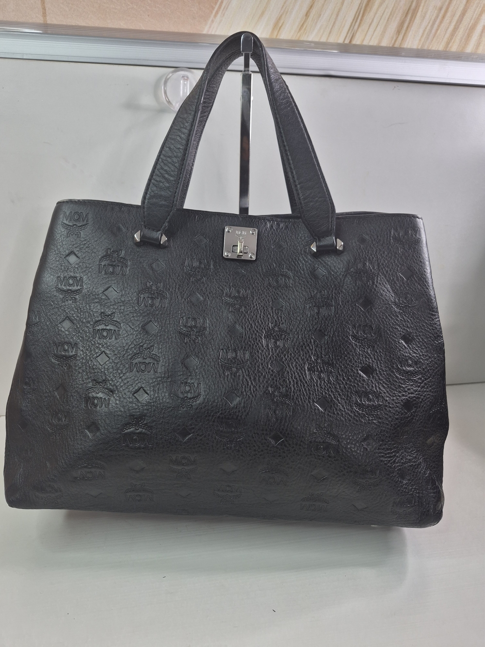 MCM Embossed Leather Tote Bag in Black